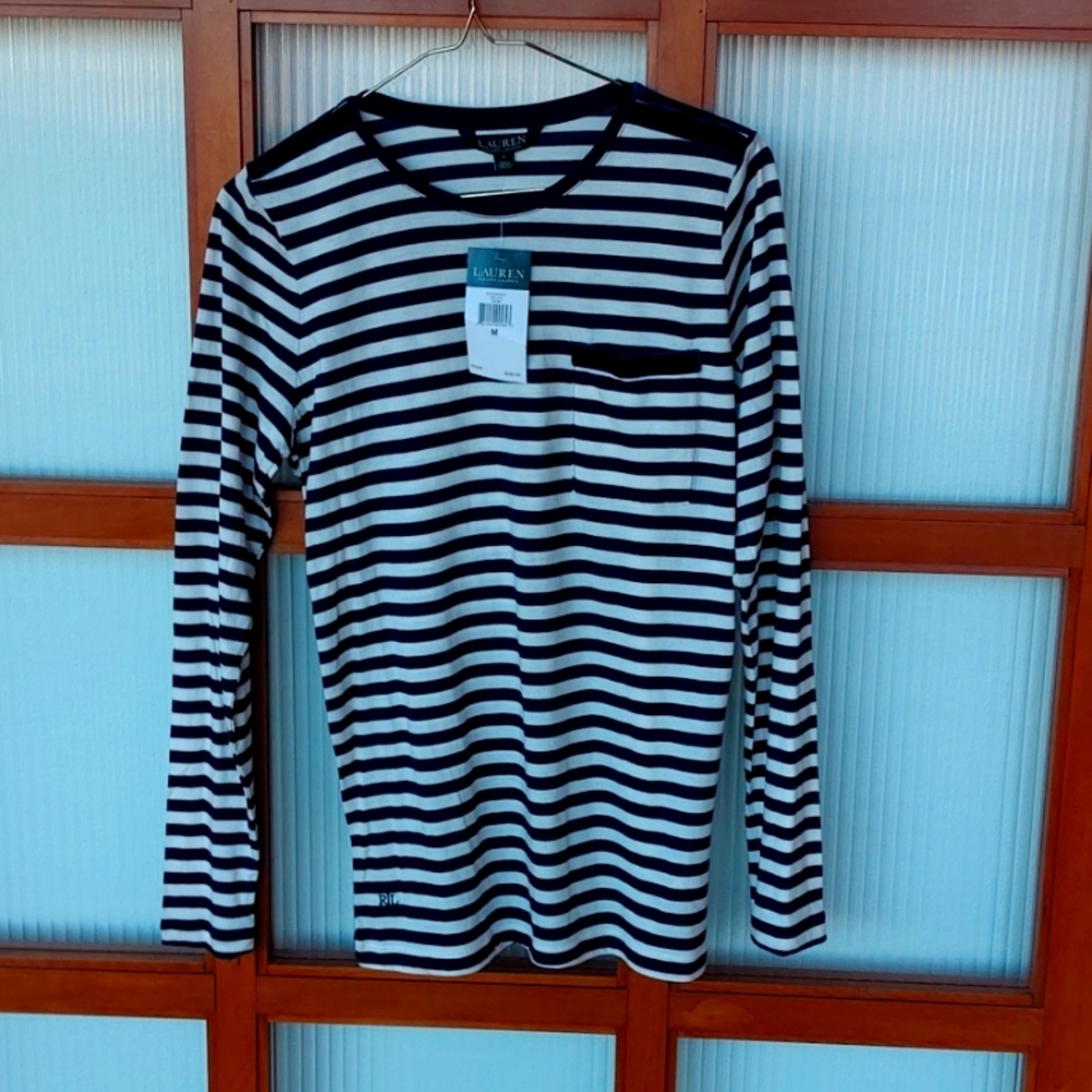 Ralph Lauren NEW Navy Blue Stripe Long Sleeve Pullover Tee Shirt with Pocket M